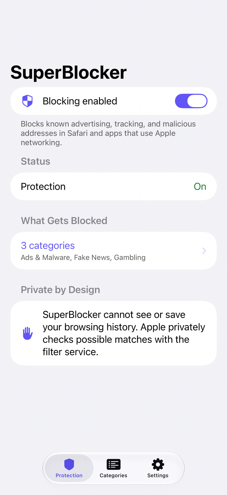 SuperBlocker app showing blocking enabled, protection on, and selected blocking categories.