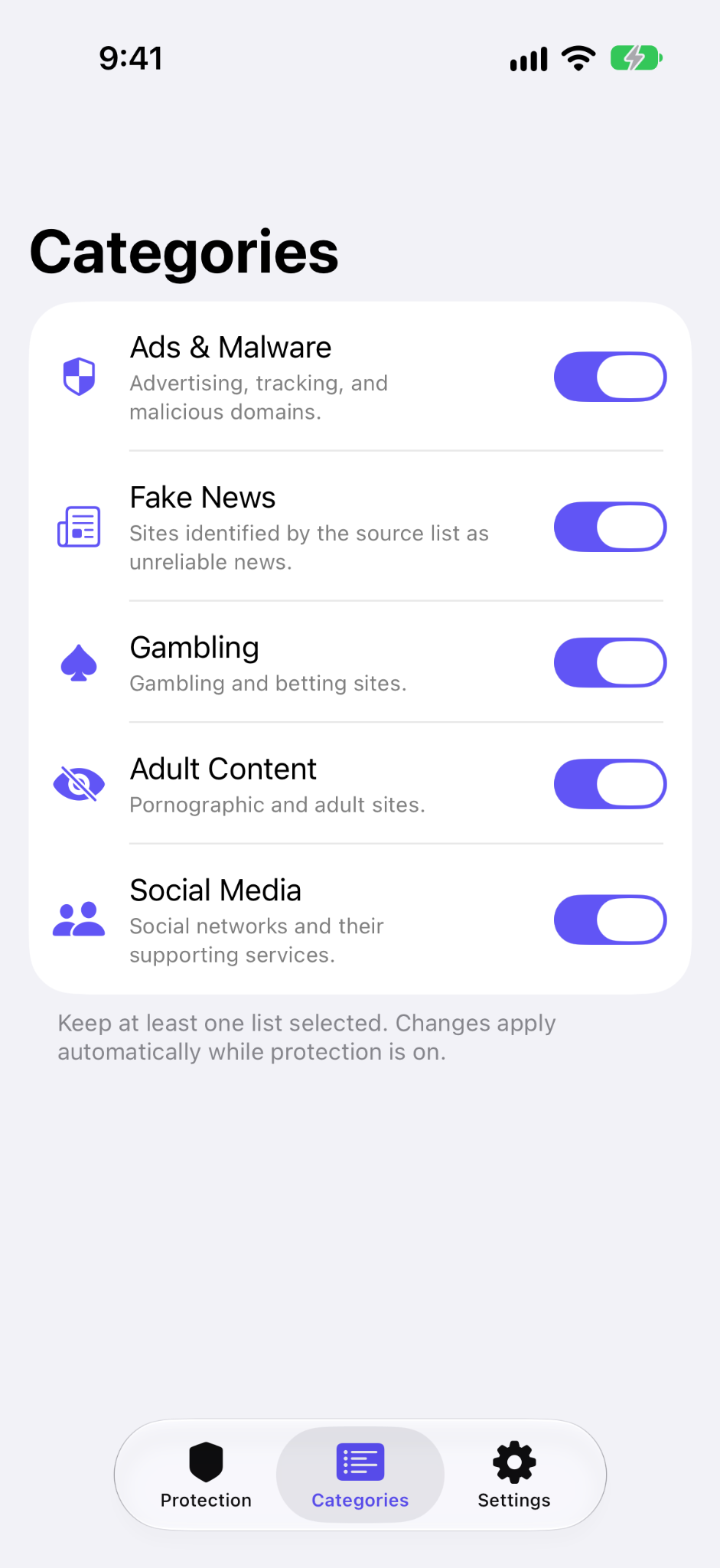 SuperBlocker’s Categories screen with five independently selectable blocking categories.